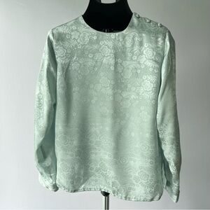 Pale Green Floral Satin Blouse - Size 10